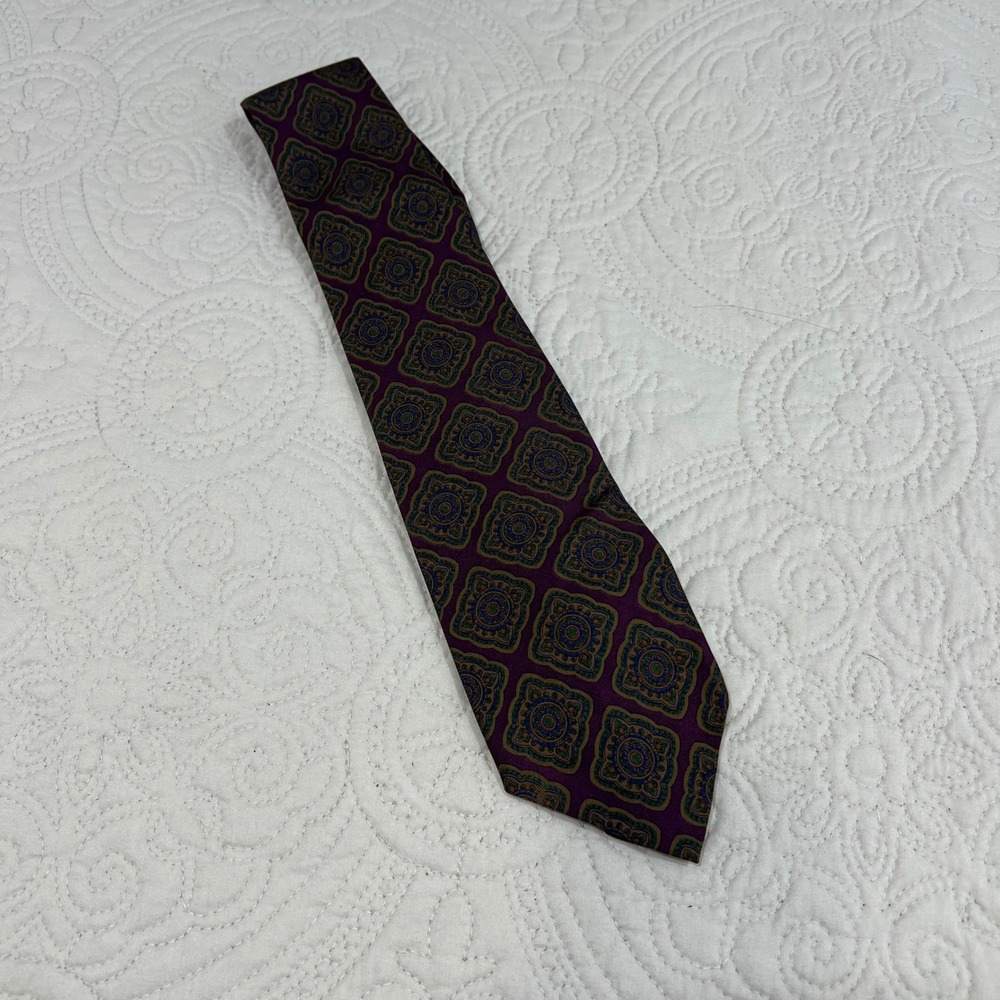 Polo Ralph Lauren Burgundy Medallion Silk Tie Made in USA Hand Made Geometric